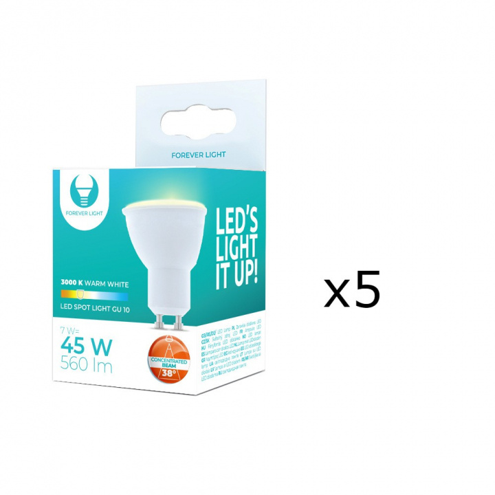 LED-lamppu GU10 7W 230V 3000K 38°, 5-pack, Lämmin valkoinen ryhmässä KODINELEKTRONIIKKA / Valaistus / LED-lamput @ TP E-commerce Nordic AB (38-86692-PKT05)