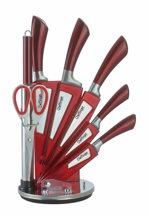 Cheffinger 8pc Stainless steel knives in Acrylic stand, Red ryhmässä KOTI, TALOUS JA PUUTARHA / Keittiövälineet / Keittiöveitset ja veitsenteroittimet @ TP E-commerce Nordic AB (38-86723)