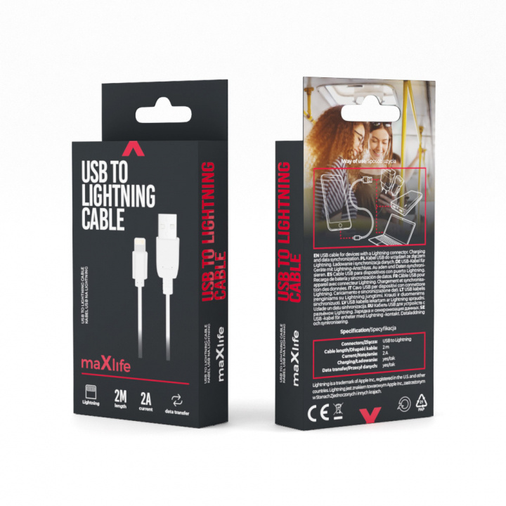 Maxlife kaapeli USB - Lightning 2.0 m 2A, valkoinen ryhmässä ÄLYPUHELIMET JA TABLETIT / Laturit & Kaapelit / Kaapelit / Lightning kaapelit @ TP E-commerce Nordic AB (38-86908)