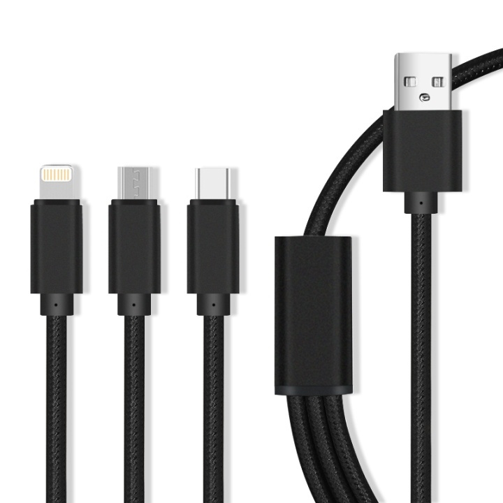 3in1 USB-pikalatauskaapeli - microUSB/USB-C/Lightning (2.1A), musta ryhmässä ÄLYPUHELIMET JA TABLETIT / Laturit & Kaapelit / Kaapelit / MicroUSB-kaapelit @ TP E-commerce Nordic AB (38-90058)