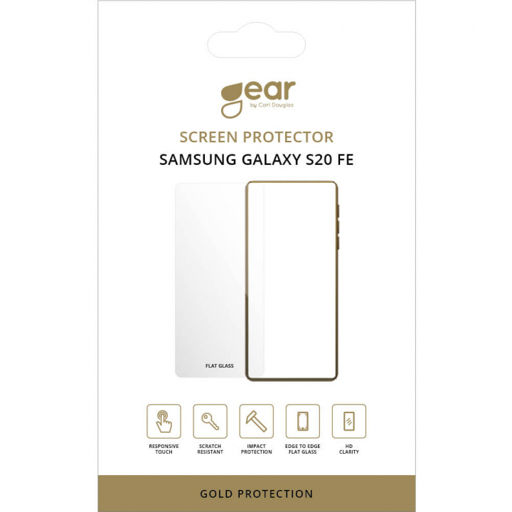 GEAR Glass Prot. Flat Case Friendly 2.5D GOLD Samsung Galaxy S20FE 5G/S20FE 4G ryhmässä ÄLYPUHELIMET JA TABLETIT / Puhelimen suojakotelo / Samsung @ TP E-commerce Nordic AB (38-92422)