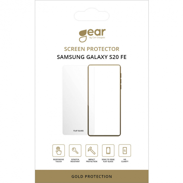 GEAR Glass Prot. Flat Case Friendly 2.5D GOLD Samsung Galaxy S20FE 5G/S20FE 4G ryhmässä ÄLYPUHELIMET JA TABLETIT / Puhelimen suojakotelo / Samsung @ TP E-commerce Nordic AB (38-92422)