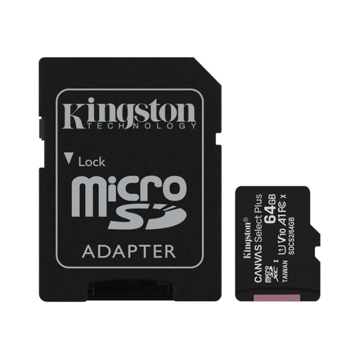 Kingston Canvas Select Plus - microSDXC 64GB, class 10, UHS-I, 100MB/s + adapter ryhmässä KODINELEKTRONIIKKA / Tallennusvälineet / Muistikortit / MicroSD/HC/XC @ TP E-commerce Nordic AB (38-92723)