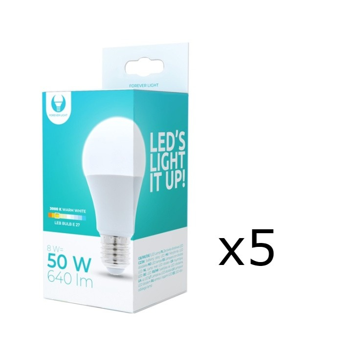 LED-lamppu E27, A60, 8W, 3000K 5 kpl, lämmin valkoinen ryhmässä KODINELEKTRONIIKKA / Valaistus / LED-lamput @ TP E-commerce Nordic AB (38-92777-PKT05)