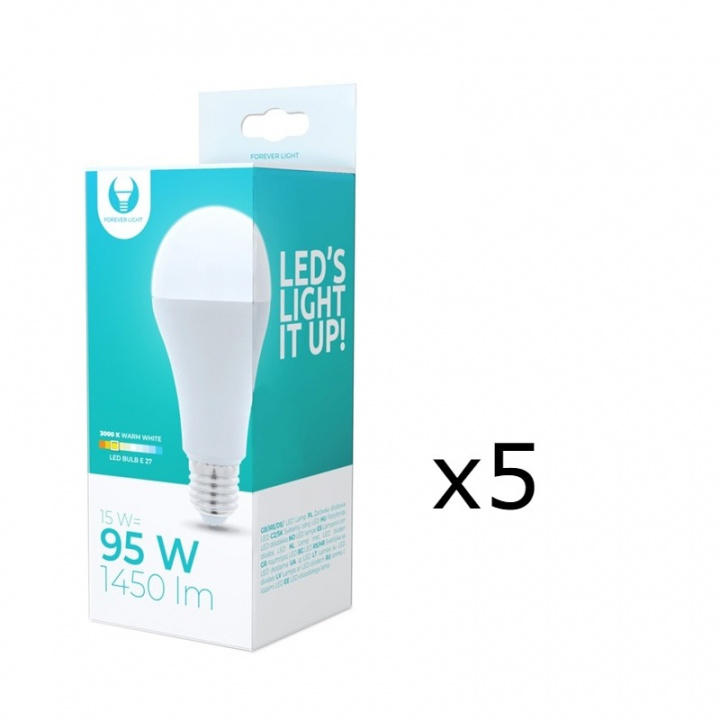 LED-lamppu E27, A65, 15W, 230V, 3000K 5-pack, Lämmin valkoinen ryhmässä KODINELEKTRONIIKKA / Valaistus / LED-lamput @ TP E-commerce Nordic AB (38-92778-PKT05)
