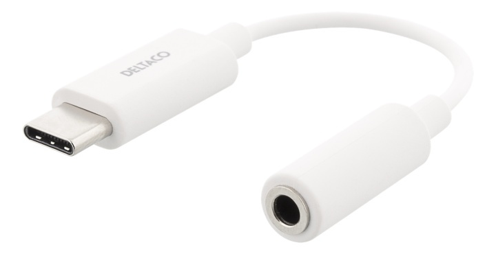 DELTACO sovitin USB-C - 3,5mm, stereoääni, aktiivinen, 11cm, valkoinen ryhmässä TIETOKOONET & TARVIKKEET / Kaapelit & Sovittimet / USB / USB-C @ TP E-commerce Nordic AB (38-93644)