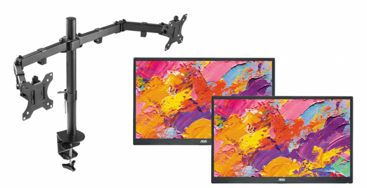 Dual-monitor skrivbordsfäste och två skärmar från AOC - Pre-owned, Klass A ryhmässä TIETOKOONET & TARVIKKEET / Näytöt / Näytön jalustat ja kiinnikkeet @ TP E-commerce Nordic AB (38-94854)