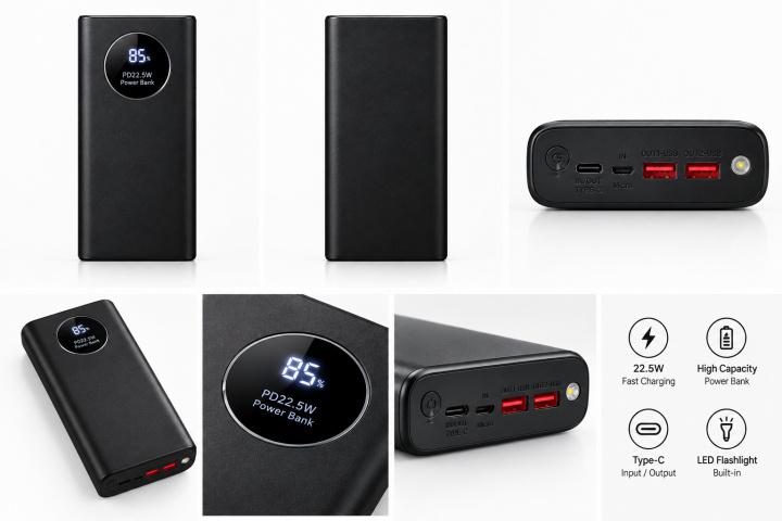 Powerbank with 20000 mAh and digital display, black ryhmässä ÄLYPUHELIMET JA TABLETIT / Laturit & Kaapelit / Powerbanks @ TP E-commerce Nordic AB (38-94871)