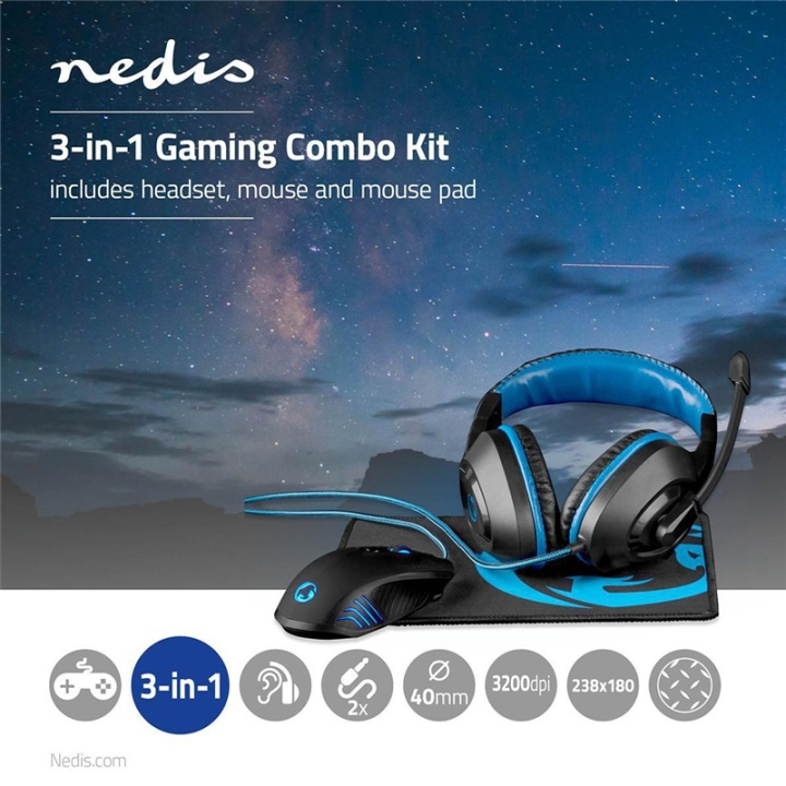 Nedis Pelisetti | 3-in-1 | Headset, hiiri ja hiirimatto | Musta / Sininen ryhmässä TIETOKOONET & TARVIKKEET / GAMING / Hiiret @ TP E-commerce Nordic AB (38-95112)