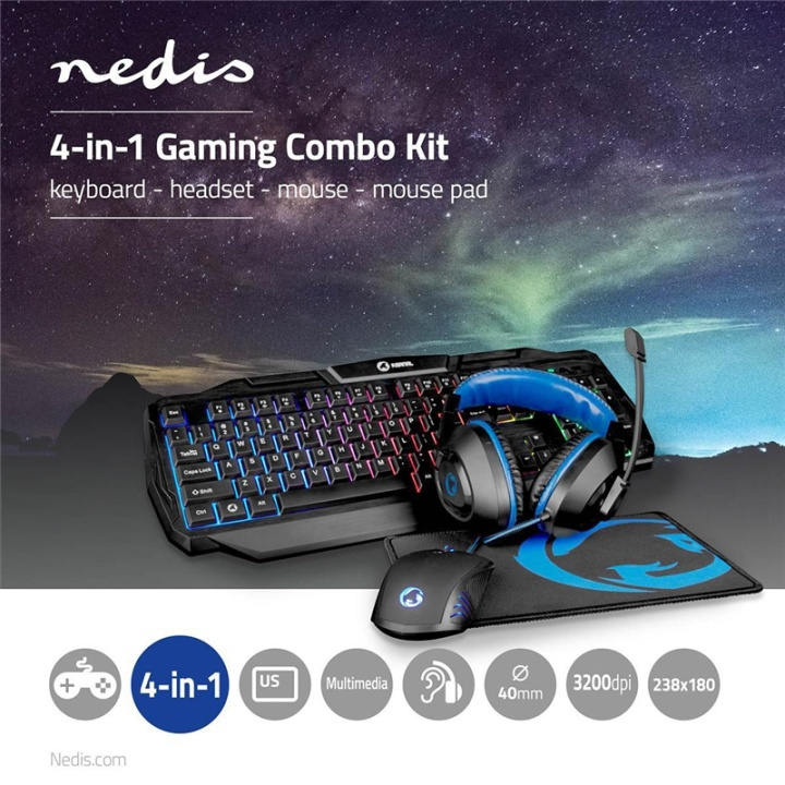 Nedis Pelisetti | 4-in-1 | Näppäimistö, kuulokkeet, hiiri ja hiirimatto | Musta / Sininen | QWERTY | Yhdysvaltain Näppäinasettelu ryhmässä TIETOKOONET & TARVIKKEET / GAMING / Hiiret @ TP E-commerce Nordic AB (38-95114)