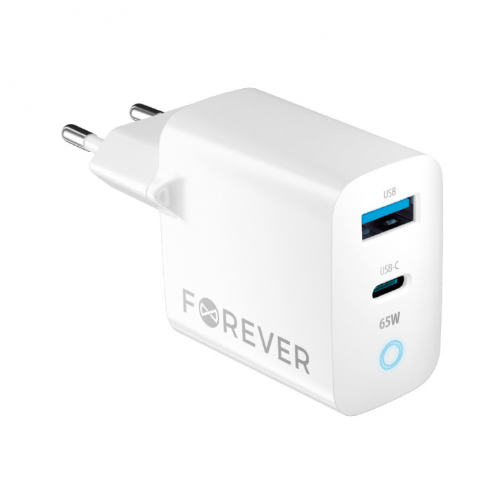 Forever GaN TC-06-65AC PD QC charger 1x USB-C 1x USB 65W white ryhmässä ÄLYPUHELIMET JA TABLETIT / Laturit & Kaapelit / Seinälaturi / Seinälaturi USB @ TP E-commerce Nordic AB (38-96940)