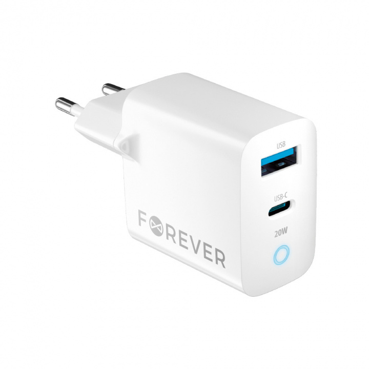 Forever TC-06-20AC PD QC charger 1x USB-C 1x USB 20W white ryhmässä ÄLYPUHELIMET JA TABLETIT / Laturit & Kaapelit / Seinälaturi / Seinälaturi USB @ TP E-commerce Nordic AB (38-96941)