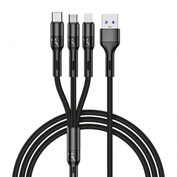 3-in-1-kaapeli USB-A - USB-C/Lightning/Micro-USB, 1m, musta ryhmässä ÄLYPUHELIMET JA TABLETIT / Laturit & Kaapelit / Kaapelit / Tyyppi C -kaapelit @ TP E-commerce Nordic AB (38-96974)