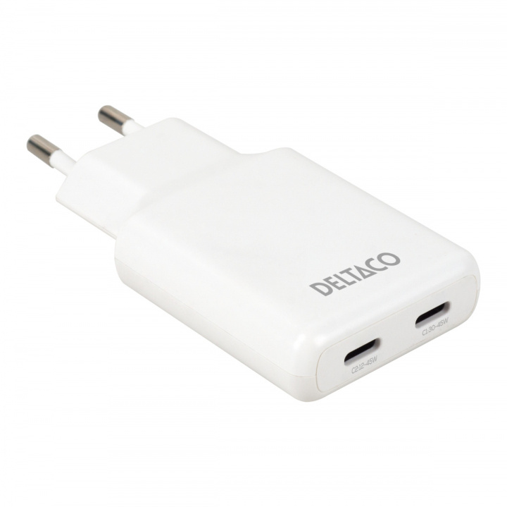 DELTACO USB-C väggladdare 45 W, 2x USB-C PD, slimmad storlek, total effekt 45 W ryhmässä ÄLYPUHELIMET JA TABLETIT / Laturit & Kaapelit / Seinälaturi / Seinälaturi Type C @ TP E-commerce Nordic AB (38-97683)