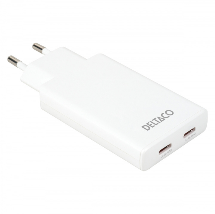 DELTACO USB-C väggladdare 67 W, 2x USB-C PD, slimmad storlek, total effekt 67 W ryhmässä ÄLYPUHELIMET JA TABLETIT / Laturit & Kaapelit / Seinälaturi / Seinälaturi Type C @ TP E-commerce Nordic AB (38-97684)