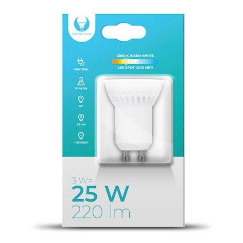 LED-lamppu, GU10 MR11, 3W, 230V, 3000K, keraaminen, lämmin valkoinen ryhmässä KODINELEKTRONIIKKA / Valaistus / LED-lamput @ TP E-commerce Nordic AB (38-98183)