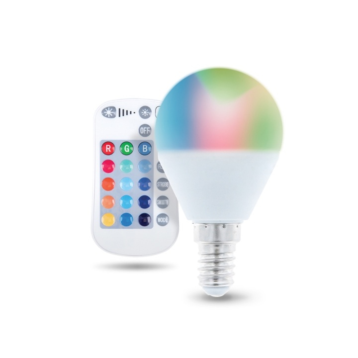 Kauko-ohjattava LED-valaisin RGB, E14, G45, 5W ryhmässä KODINELEKTRONIIKKA / Valaistus / LED-lamput @ TP E-commerce Nordic AB (38-99028)