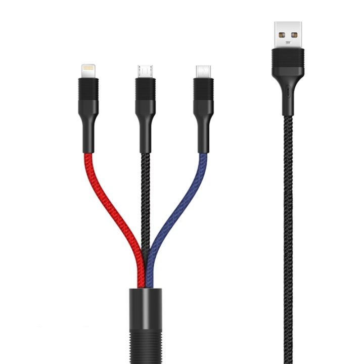 XO NB54, 3i1 USB - Lightning, USB-C, microUSB Laddkabel (3A) 1,2m ryhmässä ÄLYPUHELIMET JA TABLETIT / Laturit & Kaapelit / Kaapelit / MicroUSB-kaapelit @ TP E-commerce Nordic AB (38-99054)