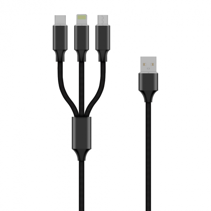 Forever 3in1 Micro-USB/Lightning/USB-C 1m 2A, Black ryhmässä ÄLYPUHELIMET JA TABLETIT / Laturit & Kaapelit / Kaapelit / Lightning kaapelit @ TP E-commerce Nordic AB (38-99350)