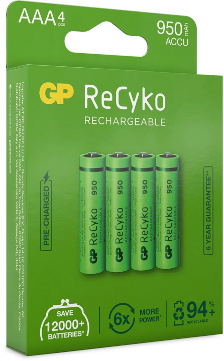 GP ReCyko AAA-batteri, 950 mAh, 4-pack ryhmässä KODINELEKTRONIIKKA / Paristot & Laturit / Ladattavat paristot / AAA @ TP E-commerce Nordic AB (38-99860)