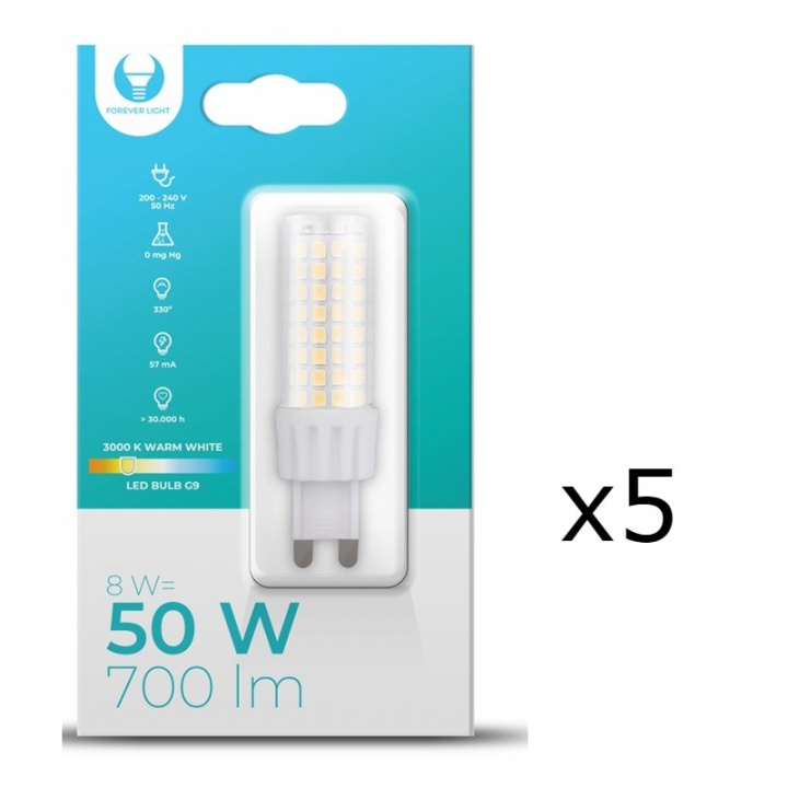 LED-lamppu, G9, 8W, 230V, 3000K, 5-pack, Lämmin valkoinen ryhmässä KODINELEKTRONIIKKA / Valaistus / LED-lamput @ TP E-commerce Nordic AB (A08708-PKT05)