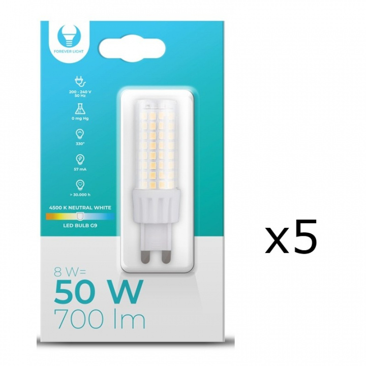 LED-lamppu, G9, 8W, 230V, 4500K, 5-pack, valkoinen neutraali ryhmässä KODINELEKTRONIIKKA / Valaistus / LED-lamput @ TP E-commerce Nordic AB (A08709-PKT05)