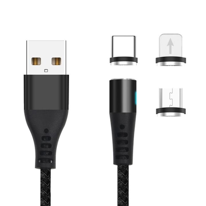 Maxlife MXUC-02 Magnetisk 3i1-Laddkabel (Lightning/USB-C/microUSB) Fast Charge (2A), Svart ryhmässä ÄLYPUHELIMET JA TABLETIT / Laturit & Kaapelit / Kaapelit / MicroUSB-kaapelit @ TP E-commerce Nordic AB (A08731)