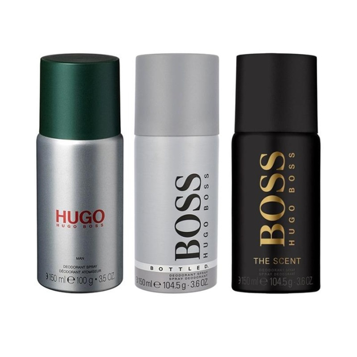 3-pack Hugo Boss Deo Spray Bottled + Hugo Man + The Scent 150ml ryhmässä KAUNEUS JA TERVEYS / Tuoksut & Parfyymit / Deodorantit / Miesten deodorantit @ TP E-commerce Nordic AB (A10988)