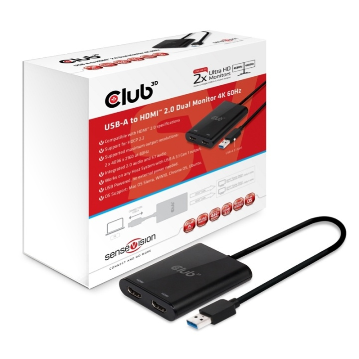 CLUB3D USB A to HDMIT 2.0 Dual Monitor 4K 60Hz ryhmässä KODINELEKTRONIIKKA / Kaapelit & Sovittimet / HDMI / Sovittimet @ TP E-commerce Nordic AB (A13948)