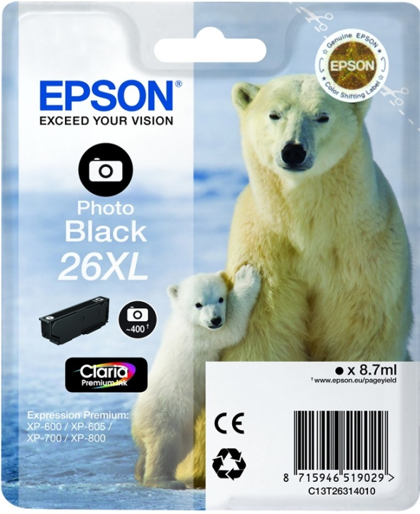 Epson Polar bear Singlepack Photo Black 26XL Claria Premium Ink ryhmässä TIETOKOONET & TARVIKKEET / Tulostimet & Tarvikkeet / Musteet ja väriaineet / Mustepatruunat / Epson @ TP E-commerce Nordic AB (A14078)