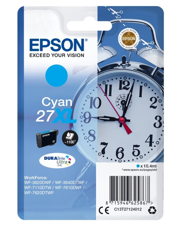Epson Alarm clock Singlepack Cyan 27XL DURABrite Ultra Ink ryhmässä TIETOKOONET & TARVIKKEET / Tulostimet & Tarvikkeet / Musteet ja väriaineet / Mustepatruunat / Epson @ TP E-commerce Nordic AB (A14081)