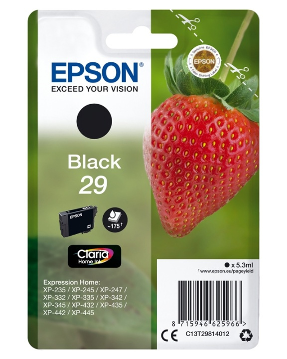 Epson Strawberry Singlepack Black 29 Claria Home Ink ryhmässä TIETOKOONET & TARVIKKEET / Tulostimet & Tarvikkeet / Musteet ja väriaineet / Mustepatruunat / Epson @ TP E-commerce Nordic AB (A14087)