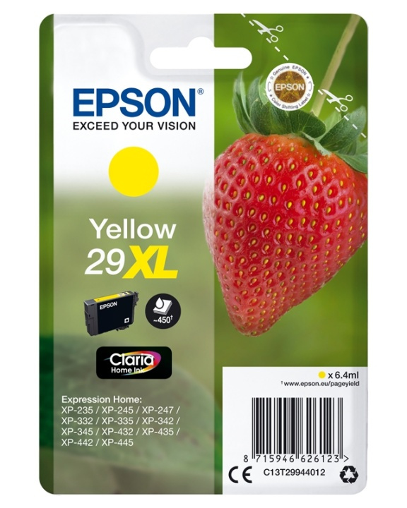 Epson Strawberry Singlepack Yellow 29XL Claria Home Ink ryhmässä TIETOKOONET & TARVIKKEET / Tulostimet & Tarvikkeet / Musteet ja väriaineet / Mustepatruunat / Epson @ TP E-commerce Nordic AB (A14089)
