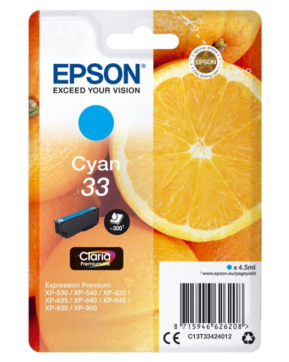 Epson Oranges Singlepack Cyan 33 Claria Premium Ink ryhmässä TIETOKOONET & TARVIKKEET / Tulostimet & Tarvikkeet / Musteet ja väriaineet / Mustepatruunat / Epson @ TP E-commerce Nordic AB (A14093)