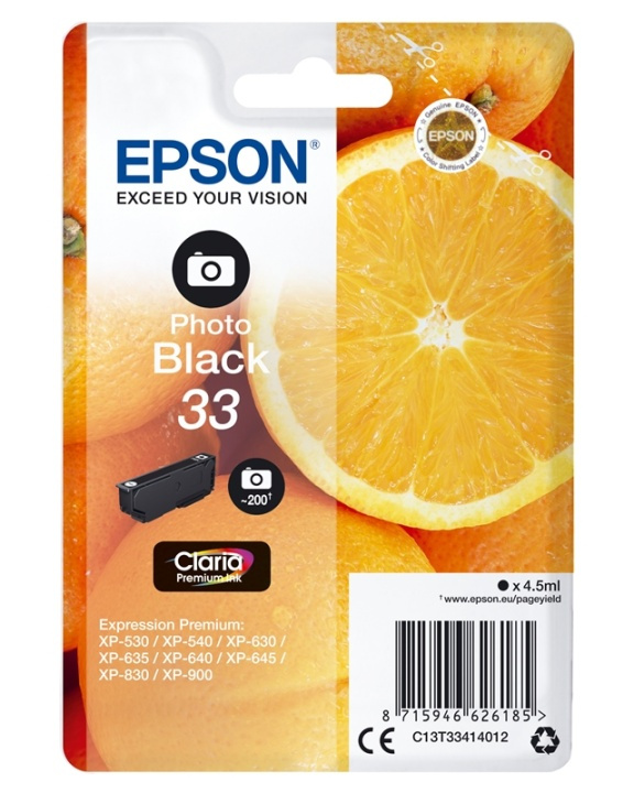 Epson Oranges Singlepack Photo Black 33 Claria Premium Ink ryhmässä TIETOKOONET & TARVIKKEET / Tulostimet & Tarvikkeet / Musteet ja väriaineet / Mustepatruunat / Epson @ TP E-commerce Nordic AB (A14094)