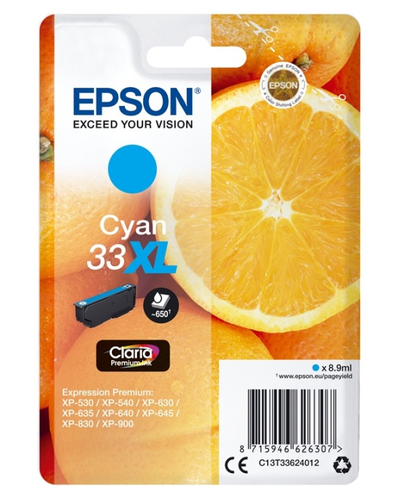 Epson Oranges Singlepack Cyan 33XL Claria Premium Ink ryhmässä TIETOKOONET & TARVIKKEET / Tulostimet & Tarvikkeet / Musteet ja väriaineet / Mustepatruunat / Epson @ TP E-commerce Nordic AB (A14099)