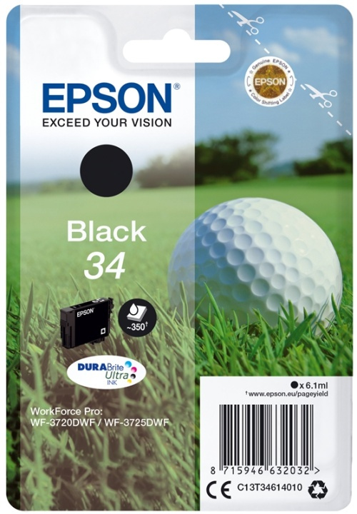 Epson Golf ball Singlepack Black 34 DURABrite Ultra Ink ryhmässä TIETOKOONET & TARVIKKEET / Tulostimet & Tarvikkeet / Musteet ja väriaineet / Mustepatruunat / Epson @ TP E-commerce Nordic AB (A14105)
