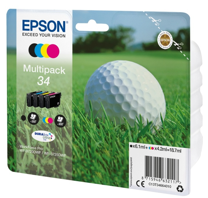 Epson Golfpallo Monipakkaus 4-värinen 34 DURABrite Ultra Ink ryhmässä TIETOKOONET & TARVIKKEET / Tulostimet & Tarvikkeet / Musteet ja väriaineet / Mustepatruunat / Epson @ TP E-commerce Nordic AB (A14106)