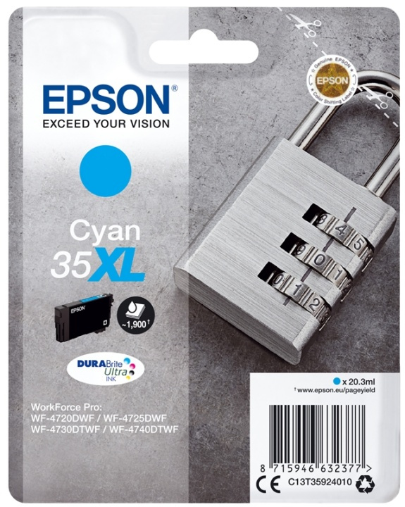 Epson Padlock Singlepack Cyan 35XL DURABrite Ultra Ink ryhmässä TIETOKOONET & TARVIKKEET / Tulostimet & Tarvikkeet / Musteet ja väriaineet / Mustepatruunat / Epson @ TP E-commerce Nordic AB (A14108)