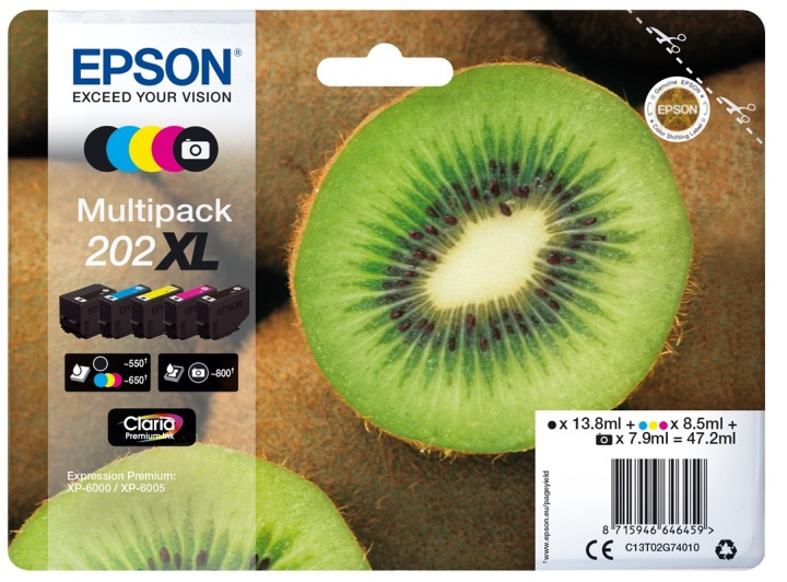 Epson Kiwi Multipack 5-colours 202XL Claria Premium Ink ryhmässä TIETOKOONET & TARVIKKEET / Tulostimet & Tarvikkeet / Musteet ja väriaineet / Mustepatruunat / Epson @ TP E-commerce Nordic AB (A14130)