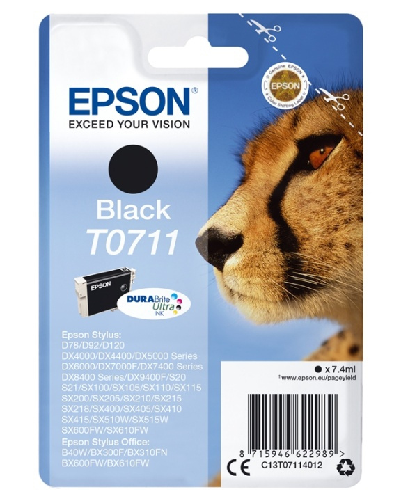 Epson Cheetah Enpack svart T0711 DURABrite Ultra-bläck ryhmässä TIETOKOONET & TARVIKKEET / Tulostimet & Tarvikkeet / Musteet ja väriaineet / Mustepatruunat / Epson @ TP E-commerce Nordic AB (A14131)