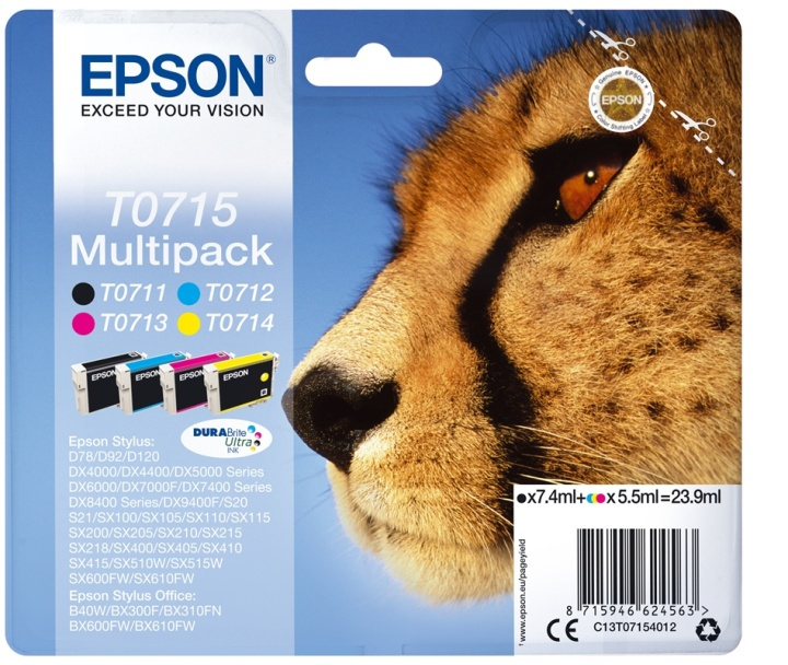 Epson Flerpack 4 färger T0715 DURABrite Ultra-bläck ryhmässä TIETOKOONET & TARVIKKEET / Tulostimet & Tarvikkeet / Musteet ja väriaineet / Mustepatruunat / Epson @ TP E-commerce Nordic AB (A14133)