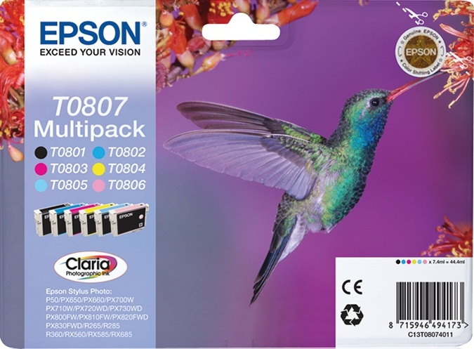 Epson Hummingbird Flerpack 6 färger T0807 Claria Photographic-bläck ryhmässä TIETOKOONET & TARVIKKEET / Tulostimet & Tarvikkeet / Musteet ja väriaineet / Mustepatruunat / Epson @ TP E-commerce Nordic AB (A14134)