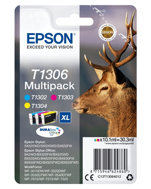 Epson Stag Flerpack 3 färger T1306 DURABrite Ultra-bläck ryhmässä TIETOKOONET & TARVIKKEET / Tulostimet & Tarvikkeet / Musteet ja väriaineet / Mustepatruunat / Epson @ TP E-commerce Nordic AB (A14140)