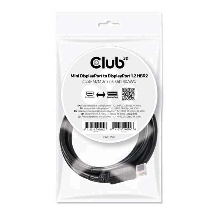 CLUB3D Mini DisplayPort to DisplayPort 1.2 M/M 2m/6.56ft 4K60Hz ryhmässä TIETOKOONET & TARVIKKEET / Kaapelit & Sovittimet / DisplayPort / Kaapelit @ TP E-commerce Nordic AB (A14574)