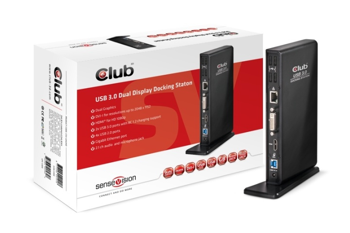 CLUB3D SenseVision USB3.0 Dual Display Docking Station ryhmässä TIETOKOONET & TARVIKKEET / Kannettavat tietokoneet & tarvikkeet / Telakka @ TP E-commerce Nordic AB (A14578)