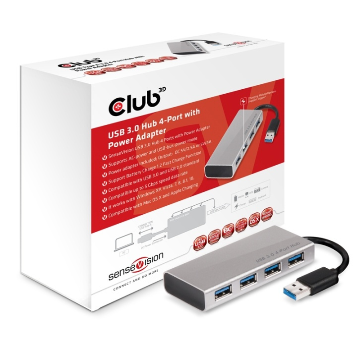 CLUB3D USB 3.0 Hub 4-Port with Power Adapter ryhmässä TIETOKOONET & TARVIKKEET / Kannettavat tietokoneet & tarvikkeet / Telakka @ TP E-commerce Nordic AB (A14579)