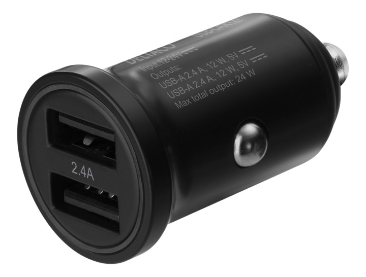 DELTACO USB-autolaturi, 2x USB-A, 12V/24V, 24W, musta ryhmässä ÄLYPUHELIMET JA TABLETIT / Laturit & Kaapelit / Autolaturi / Autolaturi USB @ TP E-commerce Nordic AB (A16658)