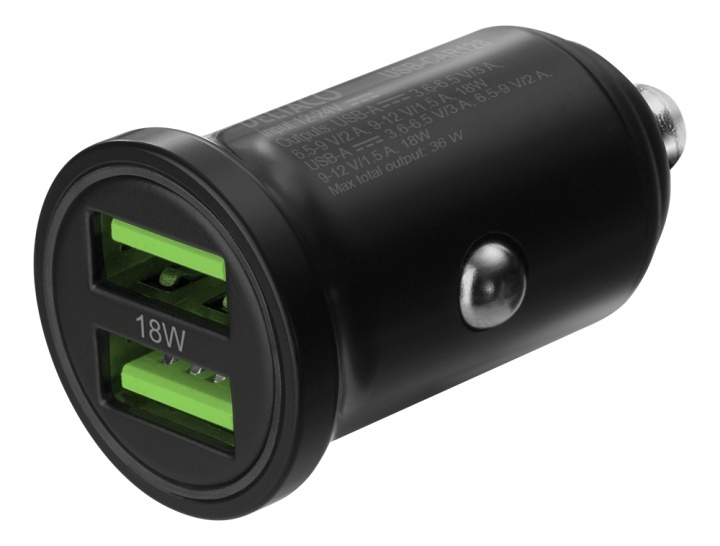 DELTACO USB-autolaturi, 2x USB-A 18W, pikalataus, yhteensä 36W ryhmässä ÄLYPUHELIMET JA TABLETIT / Laturit & Kaapelit / Autolaturi / Autolaturi USB @ TP E-commerce Nordic AB (A16664)