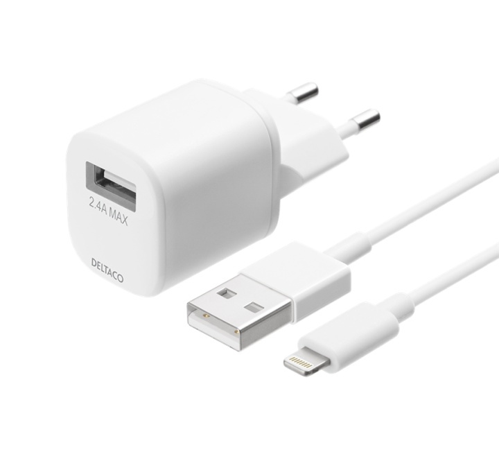 DELTACO USB-A-seinälaturi, sis. USB-A - Lightning-kaapelin, 1m, valk. ryhmässä ÄLYPUHELIMET JA TABLETIT / Laturit & Kaapelit / Seinälaturi / Seinälaturi USB @ TP E-commerce Nordic AB (A16670)